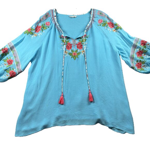 John Mark Women Peasant Top Blouse Embroidered Floral Boho Turquoise 2X H312 - Picture 1 of 10